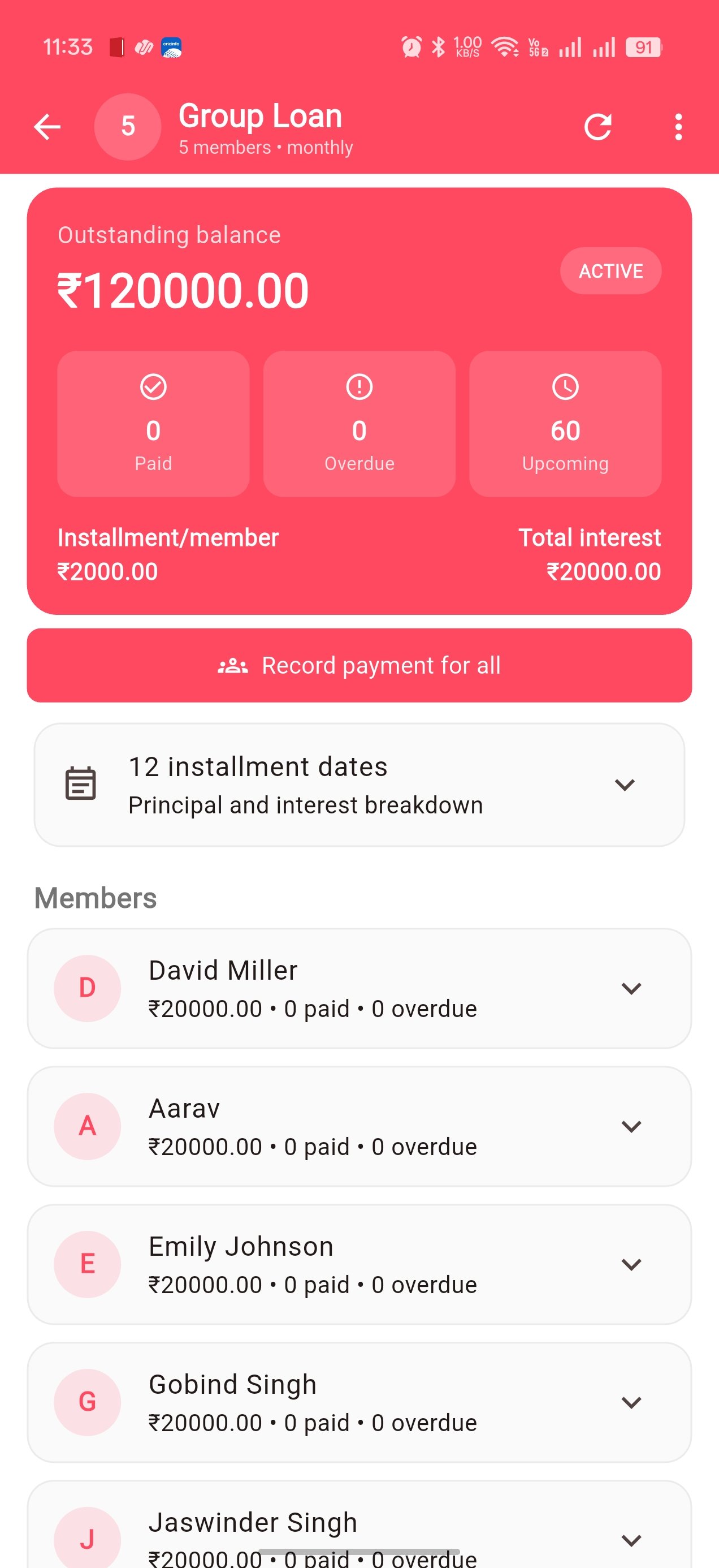 Group loan overview with outstanding balance and member installments